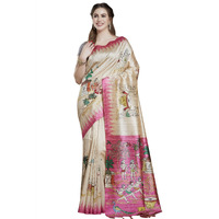 RANI SAAHIBA Womens Printed Art Tussar Silk Madhubani Saree With Blouse Piece (SKR11609_Beige - Magenta)