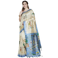 RANI SAAHIBA Womens Printed Art Tussar Silk Madhubani Saree With Blouse Piece (SKR11606_Beige-Blue)
