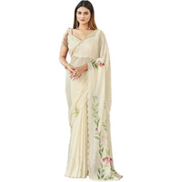 Womanista Womens Satin Hand Print Saree for Women | Fancy Floral Print Striped Saree (TI3313_Cream)