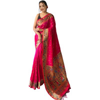 Jaanvi fashion Womens Paithani Silk Saree With Gold-Toned Zari Work & Blouse Piece (queenly-paithani-pink)