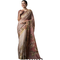 AKHILAM Womens Kanjeevaram Silk Floral Printed Saree With Unstitched Blouse Piece(Brown_BAHULA103_SU)
