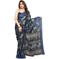 MIRCHI FASHION Womens Plain Weave Chiffon Floral Printed Saree with Blouse Piece (39132-Navy Blue, Grey)