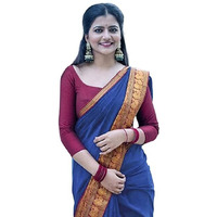 Jaanvi fashion Womens Narayan Peth Cotton Silk Saree With Gold-Toned Zari Work & Unstitched Blouse Piece (harshika-royal-blue)
