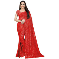 Florely Womens Pure Georgette sequence saree with unstiched blouse piece(Free size) (Red)