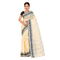 RAJ SAREE HOUSE Womens Traditional Pure Cotton Bengali Handloom Tant Saree without Blouse Piece - (Off-White Still)
