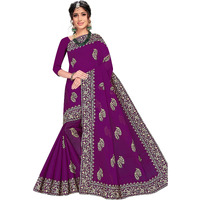 TAMAIRA FASHION Womens Plain Weave Pure Cotton Saree with Heavy Embroidery and stone work Without Blouse Piece (Magenta)
