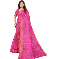 Yashika Womens Linen Jari Printed Pink Color Saree With Blouse Piece(JETPURI PINK)