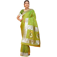 SGF11 Womens Paithani Kanjivaram Pure Silk Handloom Saree Pure Silver Zari With Blouse Piece (Green)