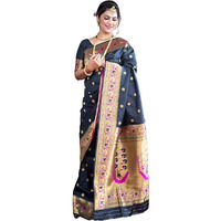 SGF11 Womens Paithani Kanjivaram Soft Silk Saree With Blouse Piece (Black)