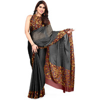 MIRCHI FASHION Womens Plain Weave Chiffon Kalmkari Border Pallu Printed Saree with Blouse Piece (38142-Black, Maroon)