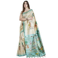 RANI SAAHIBA Womens Printed Art Tussar Silk Madhubani Saree With Blouse Piece (SKR11608_Beige-Sea Green)