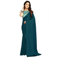 Kaugalian store Womens Solid Satin Silk Saree With Digital Printed Unstitched Blouse Piece - Sky Blue & Prussian Blue