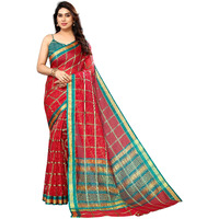 Sidhidata Womens Kota Doria Cotton Checks Saree With Unstitched Blouse Piece (Selfiee Red_Red_Free Size)