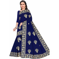 TAMAIRA FASHION Womens Plain Weave Pure Cotton Saree with Heavy Embroidery and stone work Without Blouse Piece (Blue)