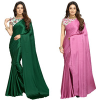 FLORESTA FASHION Combo Of 2 Soft Satin Silk Saree For Women With a Digital Printed Unstieched Blouse Piece(2 Piece Saree & 2 Unstieched Blouse Piece) (HO. GREEN + HO. MAGENTA)