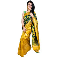 SILK LAND Womens Kanchipuram Gold Silk Saree With Unstitched Blouse Piece(Green)