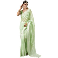 AKHILAM Womens Soft Cotton Silk lucknowi chikankari weaving Banarasi saree With Unstitched Blouse Piece (Green_ZOYA5005)