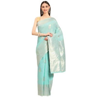 SILK LAND Womens Cotton Kota Silk Golden Zari Saree With Unstitched Blouse Piece(Blue)