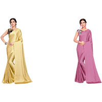FLORESTA FASHION Combo Of 2 Soft Satin Silk Saree For Women With a Digital Printed Unstieched Blouse Piece(2 Piece Saree & 2 Unstieched Blouse Piece) (H.GOLD + H. MAGENTA)