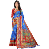 Divine International Trading Co Womens Cotton Blend Patola ikat Saree With Unstitched Blouse(Geometric-Blue)