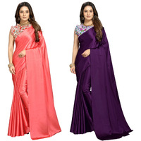 FLORESTA FASHION Combo Of 2 Soft Satin Silk Saree For Women With a Digital Printed Unstieched Blouse Piece(2 Piece Saree & 2 Unstieched Blouse Piece) (H. PEACH + H. PURPLE)