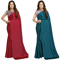 FLORESTA FASHION Combo Of 2 Soft Satin Silk Saree For Women With a Digital Printed Unstieched Blouse Piece(2 Piece Saree & 2 Unstieched Blouse Piece) (HO. MAROON + HO. PRUSSIAN BLUE)