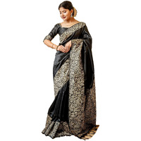 NK Textiles Womens PlainSolid with Kalamkari Woven Border Raw Silk Saree with Tassels (13 COLORS), Black