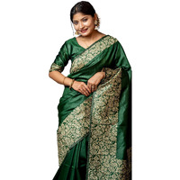 NK Textiles Womens PlainSolid with Kalamkari Woven Border Raw Silk Saree with Tassels (13 COLORS), Green