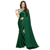 Kaugalian store Plain Satin Silk Saree with Printed Blouse piece for girls and women. (Blue) (GOLDEN)