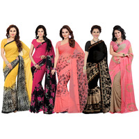 Ishin Combo of 5 Faux Georgette Multicolor Printed Womens SareeSari