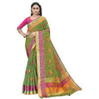 Sidhidata Womens Embroidered Cotton Linen Silver Zari Patta Saree With Unstitched Blouse Piece (Z Green)