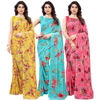 SICHI WomenS Georgette Printed Saree With Blouse Combo Pack Of 3(1850SN173_1850SN176_1850SN178_Yellow || Blue || Pink)
