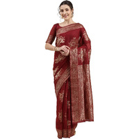 AKHILAM Womens Linen Floral Woven Design Banarasi Saree with Unstitched Blouse Piece (Maroon_LNJCQ09A)