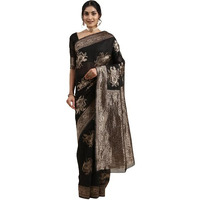 AKHILAM Womens Linen Banarasi Woven Design Saree with Unstitched Blouse Piece (Black_LNJCQ09B)