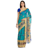 Bee M Pee Designer Soft Pure Latest Fancy Beautiful 2021 Cotton with blouse material (Printed Sarees for women collection 2022_Teal (Rama))