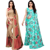SIRIL Womens Printed Georgette Saree with Blouse Combo Pack Of 2(1182S117_2041S576_Beige||Light Blue)