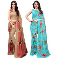 SIRIL Womens Printed Georgette Saree with Blouse Combo Pack Of 2(1182S117_1850S176_Beige||Blue)