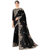 Divine International Trading Co Womens Vichitra Silk Embroidery Work Saree With Blouse Piece (Bansi-Earth-Black)