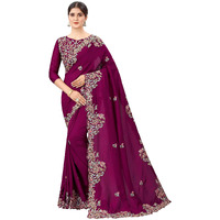 Divine International Trading Co Womens Vichitra Silk Embroidery Work Saree With Blouse Piece (Bansi-Earth-Purple)