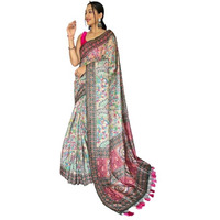SGF11- Womens Kanjivaram Cotton Kalamkari Printed Saree Pure Golden Zari With Blouse Pieces (Beige)