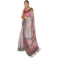 SGF11- Womens Kanjivaram Cotton Kalamkari Printed Saree Pure Golden Zari With Blouse Pieces (Light Pink)