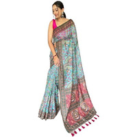 SGF11- Womens Kanjivaram Cotton Kalamkari Printed Saree Pure Golden Zari With Blouse Pieces (Light Blue)