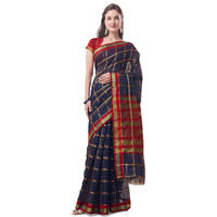 Sidhidata Womens Checks Kota Doria Cotton Manipuri Saree With Unstitched Blouse Piece (Pizza Navy_Navy_Free Size)