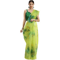 Blissta Womens Lime Green Organza Printed Saree With Unstitched Blouse