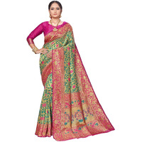 AKHILAM Womens Silk Blend Banarasi Saree with Unstitched Blouse Piece(Green & Pink_VPRWT7405)