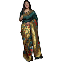 SGF11Womens Paithani Kanjivaram Pure Soft Silk Handloom Saree Pure Golden Zari With Blouse Piece (Dark Green)