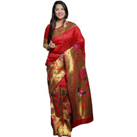 SGF11Womens Paithani Kanjivaram Pure Soft Silk Handloom Saree Pure Golden Zari With Blouse Piece (Red)