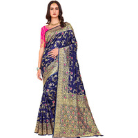 Glory Sarees Womens Banarasi Silk Saree With Blouse Piece (Kara164_Navyblue)