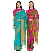 DHRUVI TRENDZ Womens Kanchipuram Cotton & Silk Saree With Blouse Piece (Dt-S1115&S1204_Multi & Rama Green)