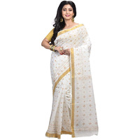 Raj Sarees Womens Traditional Pure Cotton Bengali Handloom Tant Saree without Blouse Piece (333-P-N, Off-White and Yellow)